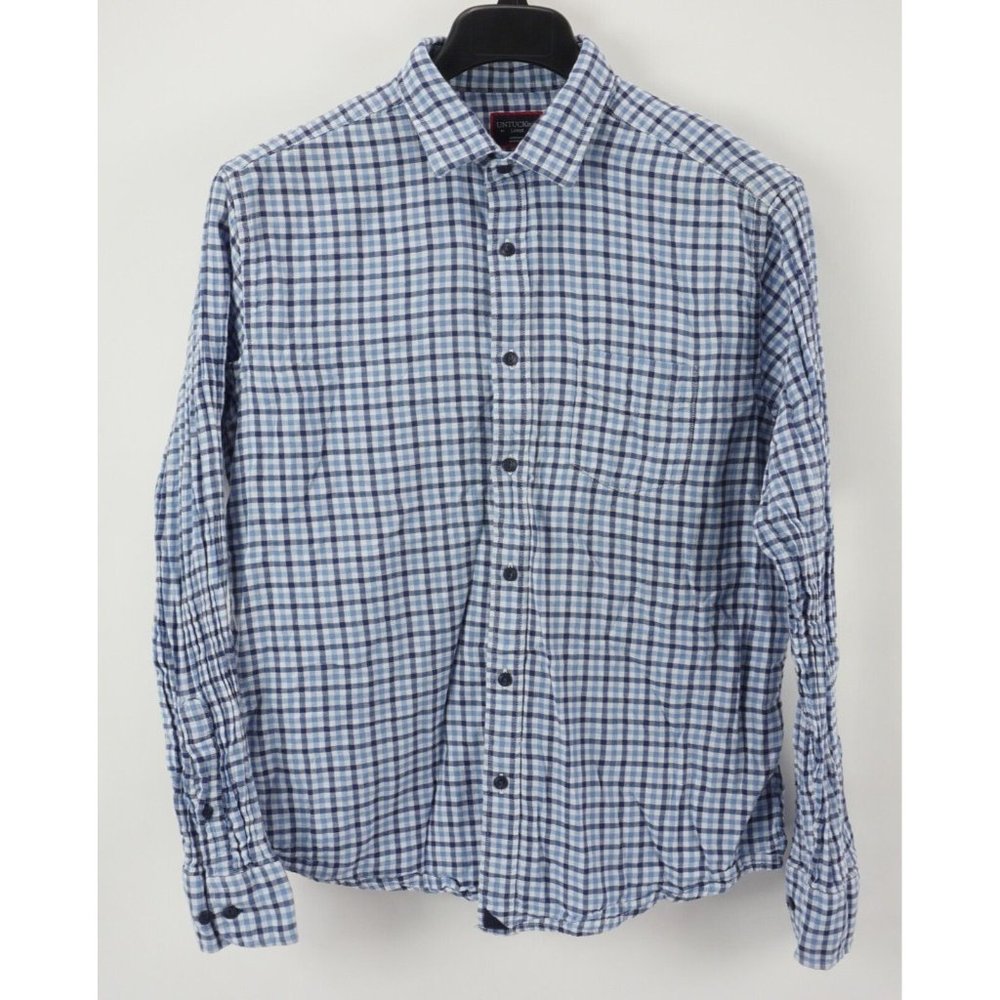 UNTUCKit‎ Men's Large Long Sleeve White Blue Plaid Double Cloth Button Up Shirt